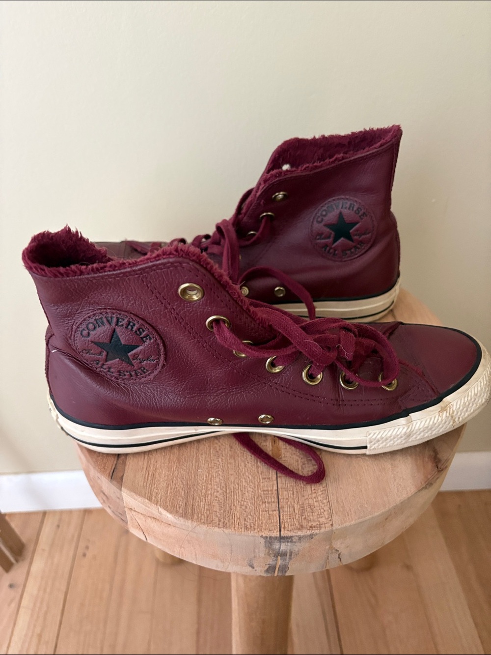 Converse Leather High-Top Lace-Up Sneakers in Burgundy - Picture 4 of 5